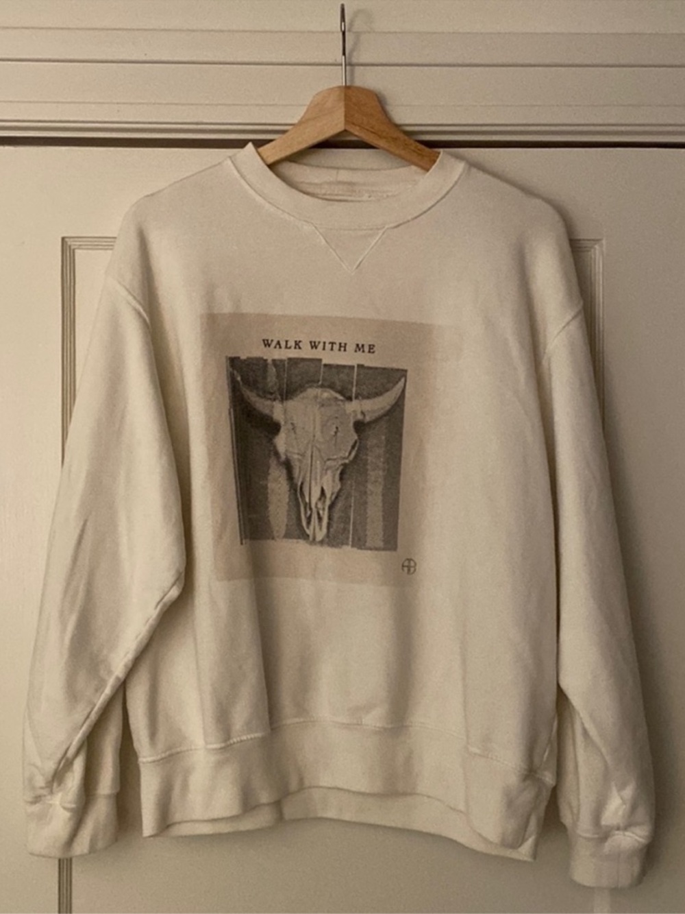 Anine Bing “Walk With Me” Cream Graphic Crewneck with Skull Print